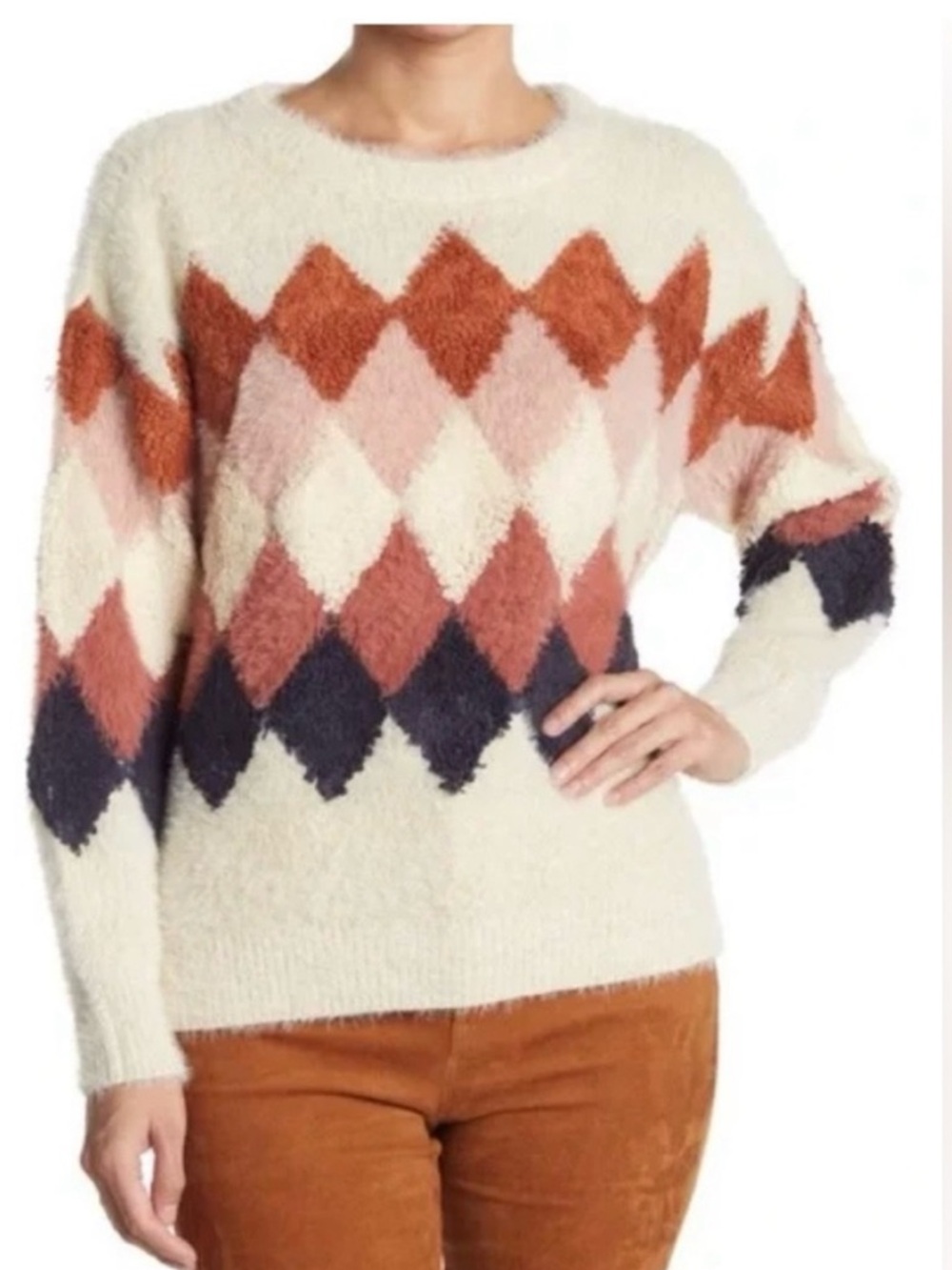 FRNCH Cream Fuzzy Argyle Crewneck Sweater with Rust, Pink & Navy